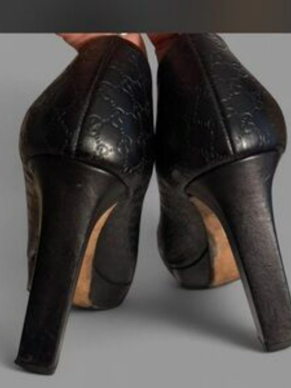 Gucci Black Peep=toe Block Heels Embossed Pumps Monogram Guccissima - Picture 4 of 10